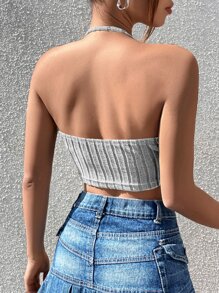 SHEIN EZwear Solid Backless Crop Halter Top - Light Grey - View 2