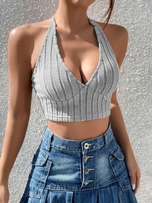 SHEIN EZwear Solid Backless Crop Halter Top - Light Grey - View 3