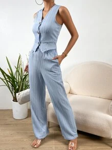 Chiquease Bộ âu phục nữ Nút phía trước màu trơn Giải trí - Màu xanh nhạt - Xem 8