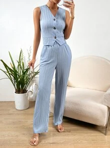 Chiquease Bộ âu phục nữ Nút phía trước màu trơn Giải trí - Màu xanh nhạt - Xem 4