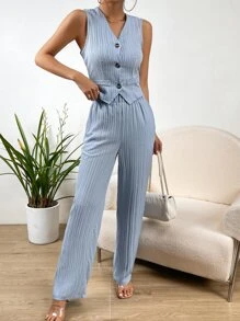 Chiquease Bộ âu phục nữ Nút phía trước màu trơn Giải trí - Màu xanh nhạt - Xem 7