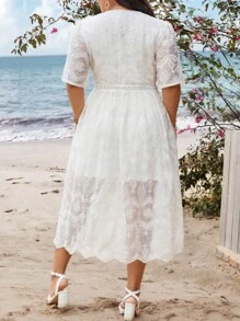 SHEIN Holidaya Plus Surplice Neck Lace Overlay Dress - White - View 2