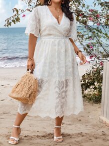 SHEIN Holidaya Plus Surplice Neck Lace Overlay Dress - White - View 3