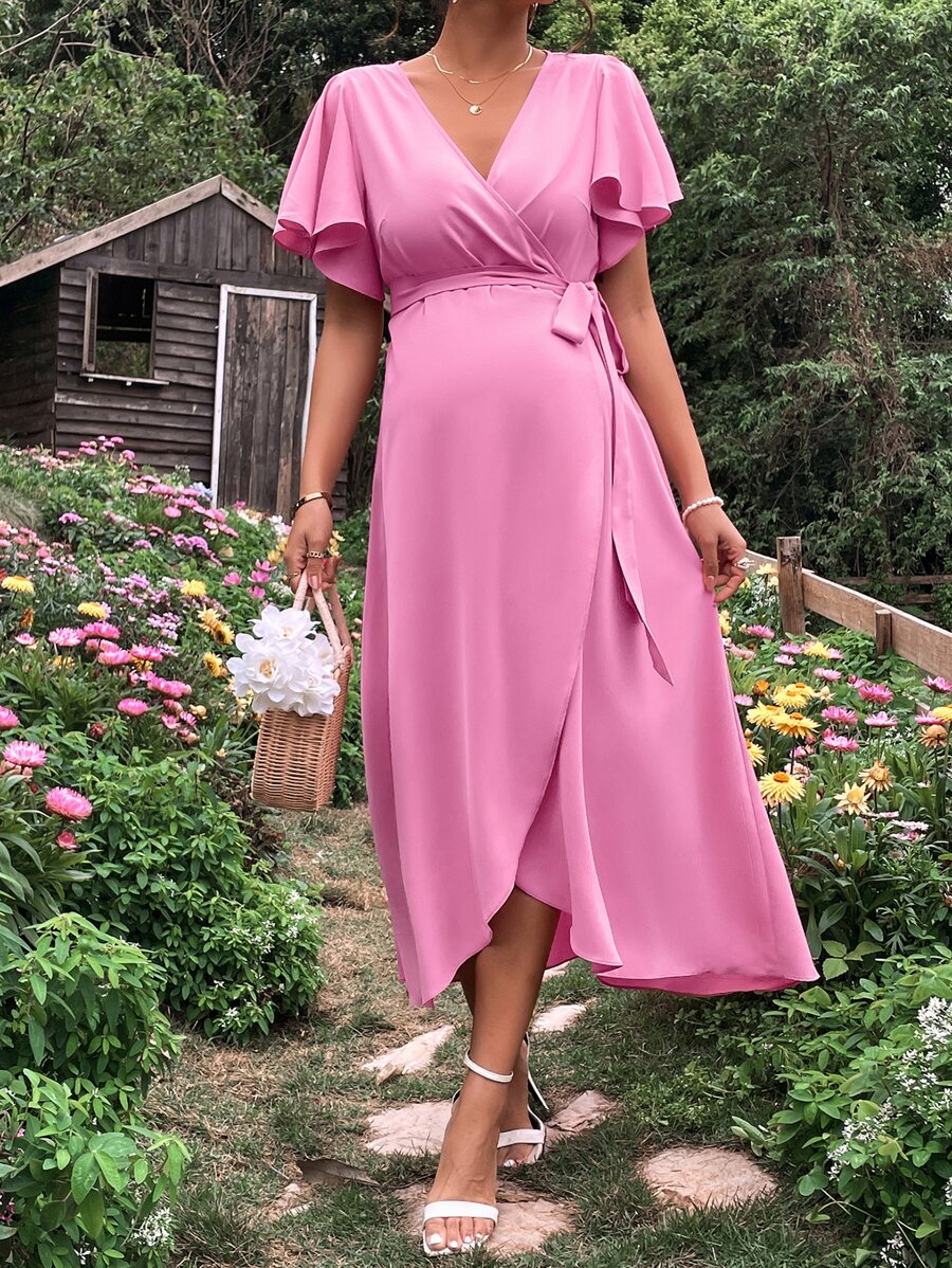 SHEIN 孕婦蝴蝶袖側打結圍裹洋裝 - 粉色 - 查看 1