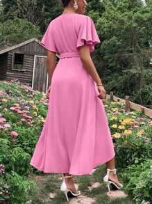 SHEIN 孕婦蝴蝶袖側打結圍裹洋裝 - 粉色 - 查看 2