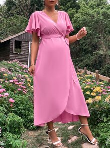 SHEIN 孕婦蝴蝶袖側打結圍裹洋裝 - 粉色 - 查看 4