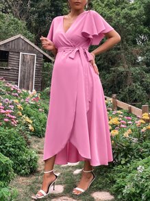 SHEIN 孕婦蝴蝶袖側打結圍裹洋裝 - 粉色 - 查看 5