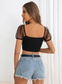 SHEIN Privé Contrast Mesh Drawstring Front Crop Black Top - Black - View 3