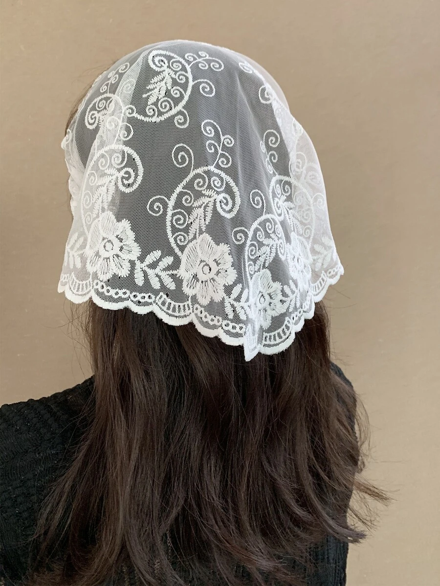 Dây buộc tóc viền sò điệp thêu hoa - trắng - Xem 1