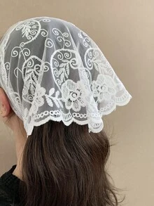 Dây buộc tóc viền sò điệp thêu hoa - trắng - Xem 2