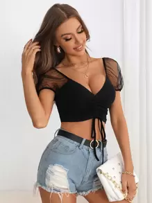 SHEIN Privé Contrast Mesh Drawstring Front Crop Black Top - Black - View 6