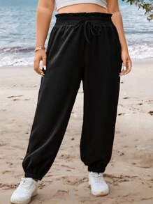 Flirla Plus Paperbag Waist Knot Front Trousers - Black - View 4