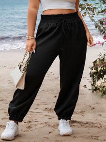 Flirla Plus Paperbag Waist Knot Front Trousers - Black - View 5