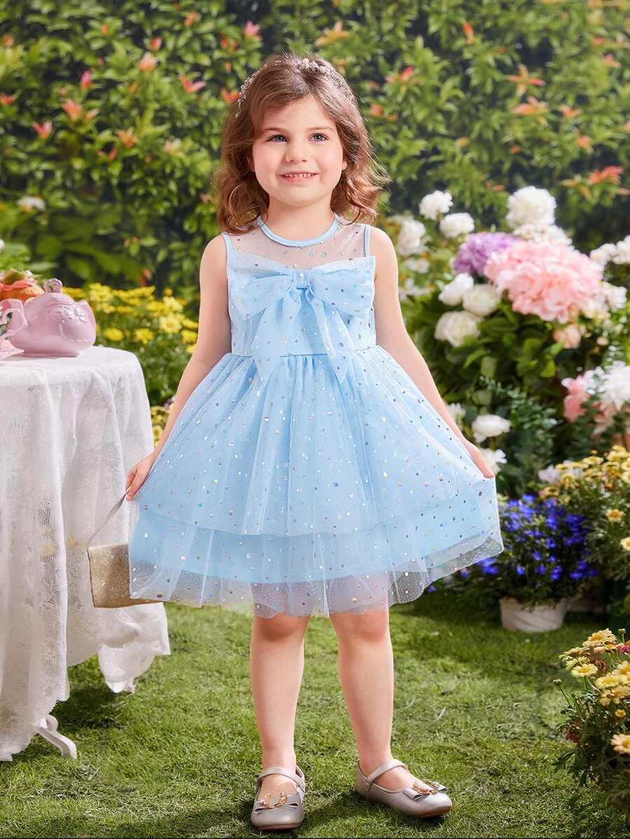 SHEIN Đầm bé gái Tương phản Mesh Viên lá sen cắt Dây kéo phân lớp Nơ trước màu trơn Dễ thương - Màu xanh nhạt - Xem 1