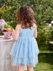 SHEIN Đầm bé gái Tương phản Mesh Viên lá sen cắt Dây kéo phân lớp Nơ trước màu trơn Dễ thương - Màu xanh nhạt - Xem 2