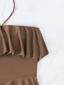 SHEIN Swim Summer Backless Ruffle Hem Halter Neck Backless Dress - Mocha Brown - View 8