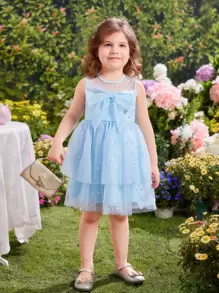 SHEIN Đầm bé gái Tương phản Mesh Viên lá sen cắt Dây kéo phân lớp Nơ trước màu trơn Dễ thương - Màu xanh nhạt - Xem 4