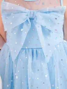 SHEIN Đầm bé gái Tương phản Mesh Viên lá sen cắt Dây kéo phân lớp Nơ trước màu trơn Dễ thương - Màu xanh nhạt - Xem 6
