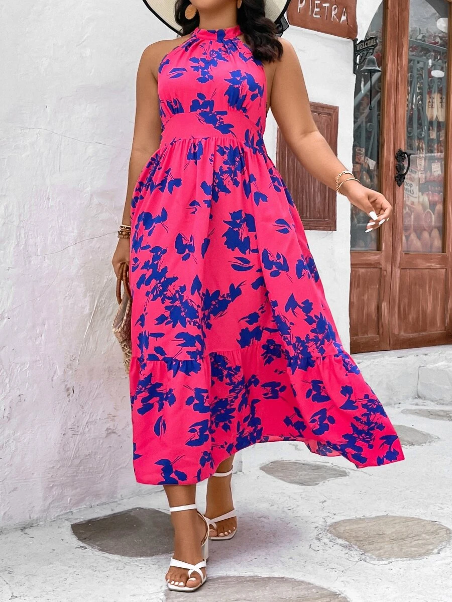 SHEIN Clasi Plus Floral Print Ruffle Hem Halter Dress - Hot Pink - View 1