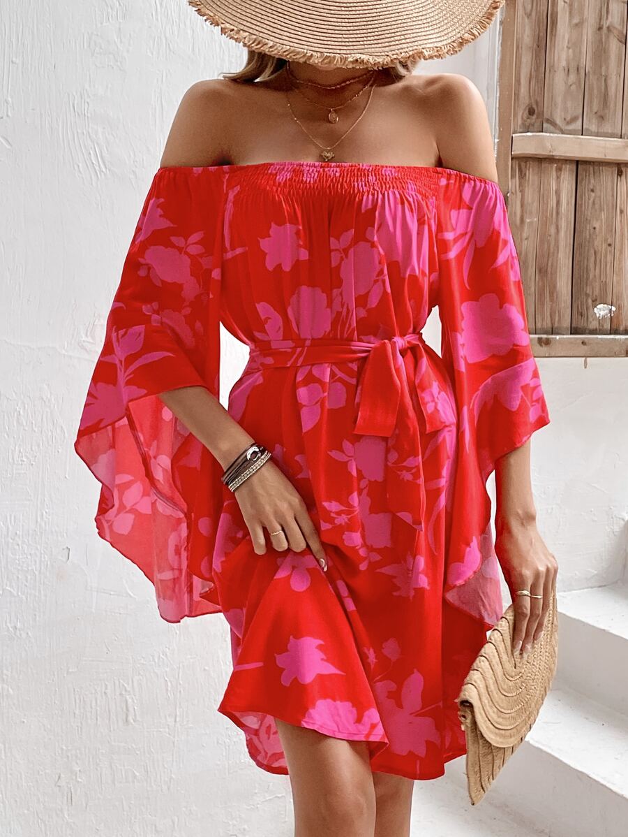 SHEIN VCAY 印花一字肩喇叭袖繫腰帶連衣裙 - 紅色 - 查看 1