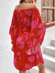 SHEIN VCAY 印花一字肩喇叭袖繫腰帶連衣裙 - 紅色 - 查看 2