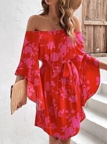 SHEIN VCAY 印花一字肩喇叭袖繫腰帶連衣裙 - 紅色 - 查看 4