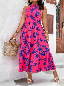 SHEIN Clasi Plus Floral Print Ruffle Hem Halter Dress - Hot Pink - View 5