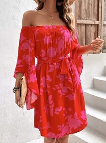 SHEIN VCAY 印花一字肩喇叭袖繫腰帶連衣裙 - 紅色 - 查看 6