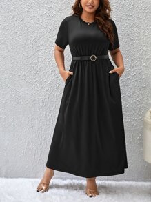 SHEIN Privé Plus Hidden Pocket Dress Without Belt - Black - View 3