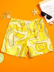 Manfinity Men Random Print Drawstring Waist Swim Trunks - Yellow - View 1
