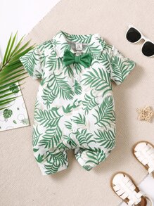 Baby Boy Leaf Print Bow Front Shirt Romper - White - View 1