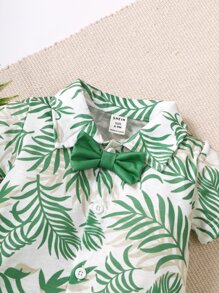 Baby Boy Leaf Print Bow Front Shirt Romper - White - View 3