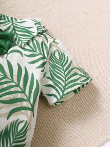 Baby Boy Leaf Print Bow Front Shirt Romper - White - View 4