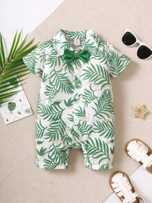 Baby Boy Leaf Print Bow Front Shirt Romper - White - View 6
