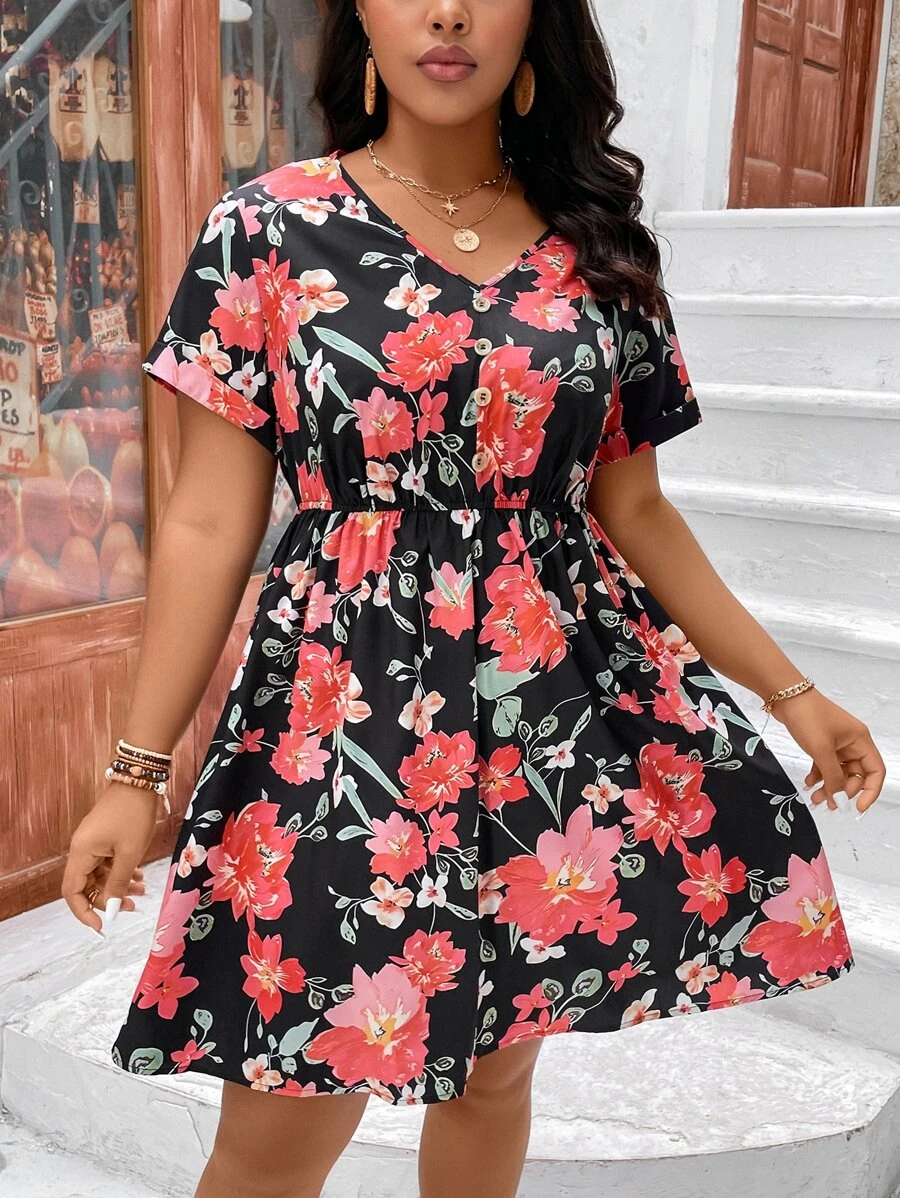 SHEIN Holidaya Plus Floral Print A-line Dress - Multicolor - View 1