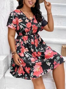 SHEIN Holidaya Plus Floral Print A-line Dress - Multicolor - View 5