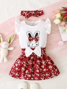 Bebé con estampado de conejo ribete con fruncido Body & con estampado floral Falda - Rojo y blanco - Ver 3