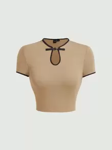 SHEIN MOD Contrast Binding Keyhole Neck Crop Tee - Khaki - View 1
