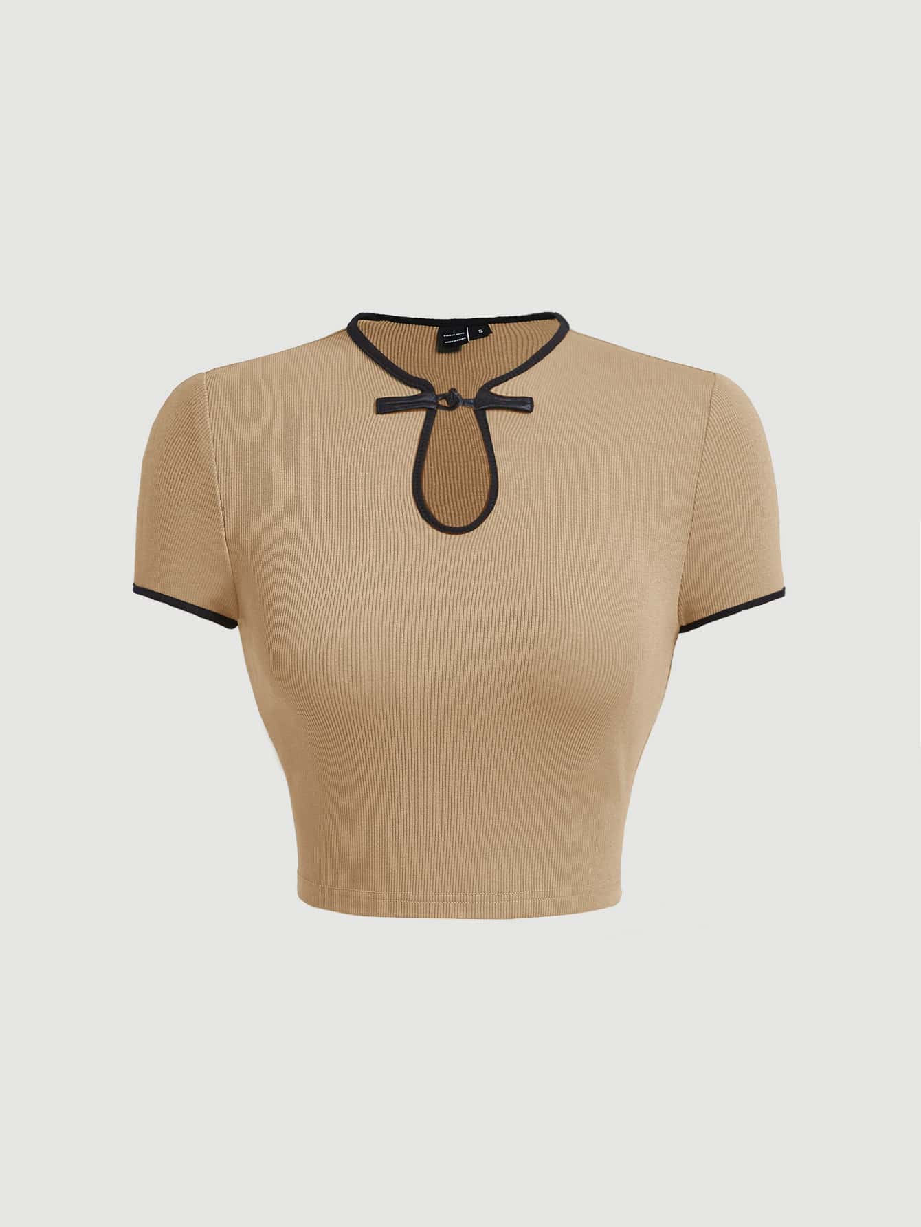 SHEIN MOD Contrast Binding Keyhole Neck Crop Tee - Khaki - View 1