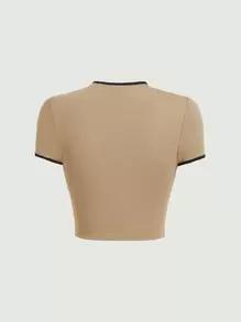 SHEIN MOD Contrast Binding Keyhole Neck Crop Tee - Khaki - View 2