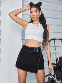 Top-stitching Asymmetrical Hem Denim Skirt - Black - View 6