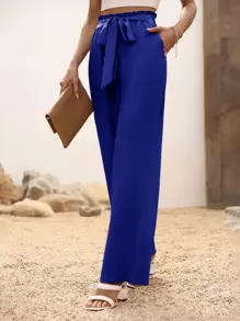 SHEIN LUNE Paperbag Waist Belted Wide Leg Trousers - Blue - View 1