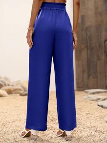 SHEIN LUNE Paperbag Waist Belted Wide Leg Trousers - Blue - View 2