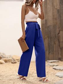SHEIN LUNE Paperbag Waist Belted Wide Leg Trousers - Blue - View 3
