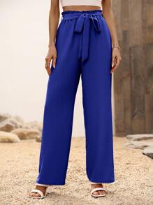 SHEIN LUNE Paperbag Waist Belted Wide Leg Trousers - Blue - View 5