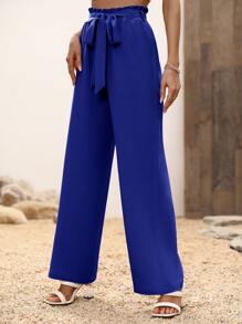 SHEIN LUNE Paperbag Waist Belted Wide Leg Trousers - Blue - View 6