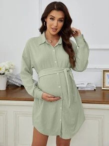 孕婦落肩袖腰帶襯衫洋裝