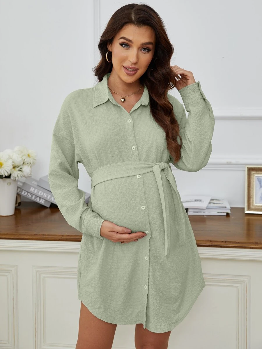 孕婦落肩袖腰帶襯衫洋裝