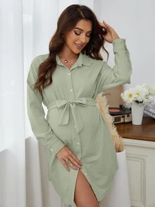 孕婦落肩袖腰帶襯衫洋裝