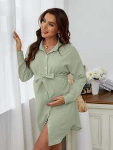 孕婦落肩袖腰帶襯衫洋裝